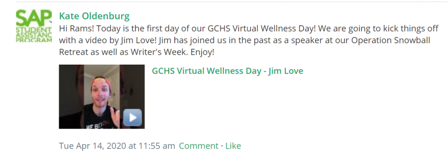 Oldenburg posted Wellness Day videos on Schoology for all students during eLearning.