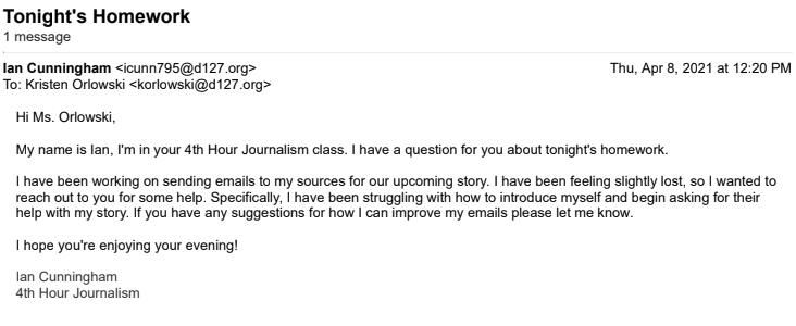 This email demonstrates a good balance of formality, is straight forward, and respectful. When writing an email to teachers consider using this format to effectively communicate your point.