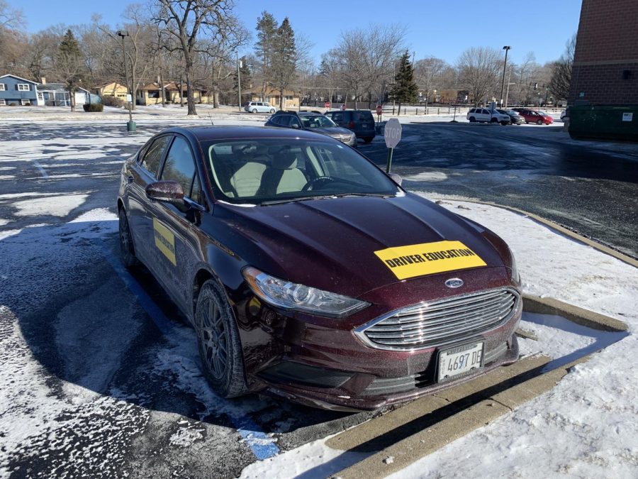 On Feb. 19, a GCHS driver’s education vehicle sits parked in the snowy GCHS parking lot.