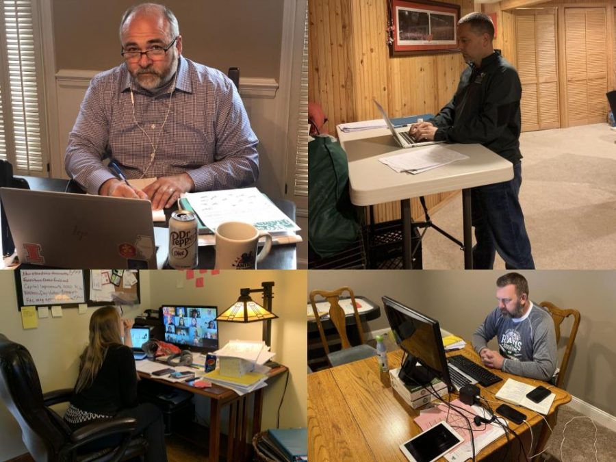 The administrative board- Principal Dan Landry, Associate Principal for Curriculum and Instruction Barbara Georges, Associate Principal for Student Services Mike Przybylski, and Athletic Director Brian Moe- are each pictured at their home work spaces. 