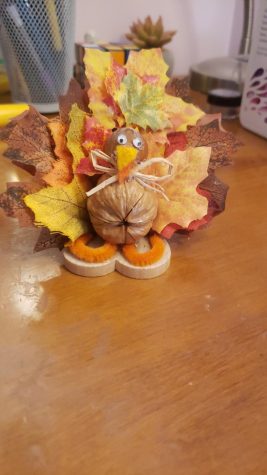 This is an easy, fun Thanksgiving craft to make. All you need are two nuts, some fake leaves, googly eyes, orange and red felt pipe cleaners and a base. Start out by gluing the nuts together, and then gluing them to the base, then put your pipe cleaners around where the felt would be. Then put some fall leaves behind it and fluff them in a way to make it look like a turkey tail. Put the googly eyes on the face, and cut two little triangles to make a beak and place it below the eyes. If you want your little turkey to be fancy, then make a tiny bow out of twine for him to have around his neck.