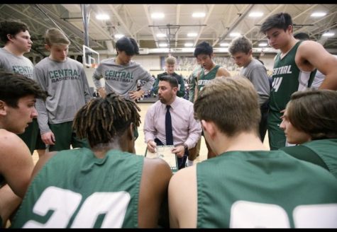 Varsity basketball coach Brian Centella bringing his team together last year in the North V. Central game. Pre-Covid sports were thriving in Grayslake; people were able to get together without worry of a virus.  