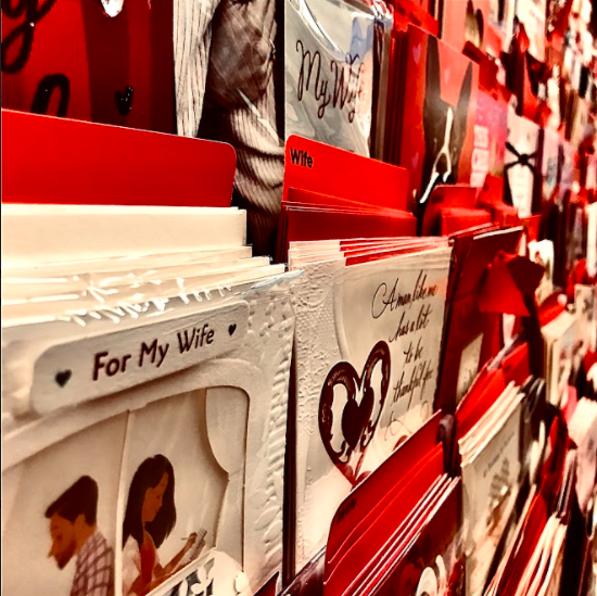 Valentine’s Day cards get stocked up at Wal-Mart, ready for young lovers to buy. There are cards for spouses, mothers, fathers, siblings, and more.
