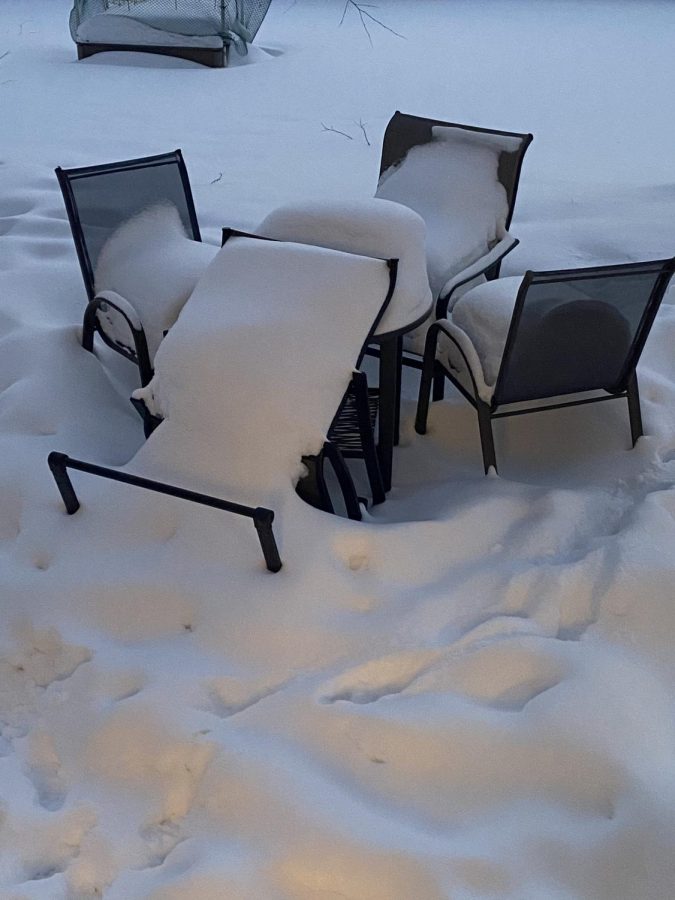 On February 23, we see a large amount of snow piling up on Opinion Editor Caden Moes backyard table. This day would have been a snow day, but was instead an eLearning day for everybody. (Photo by Caden Moe)