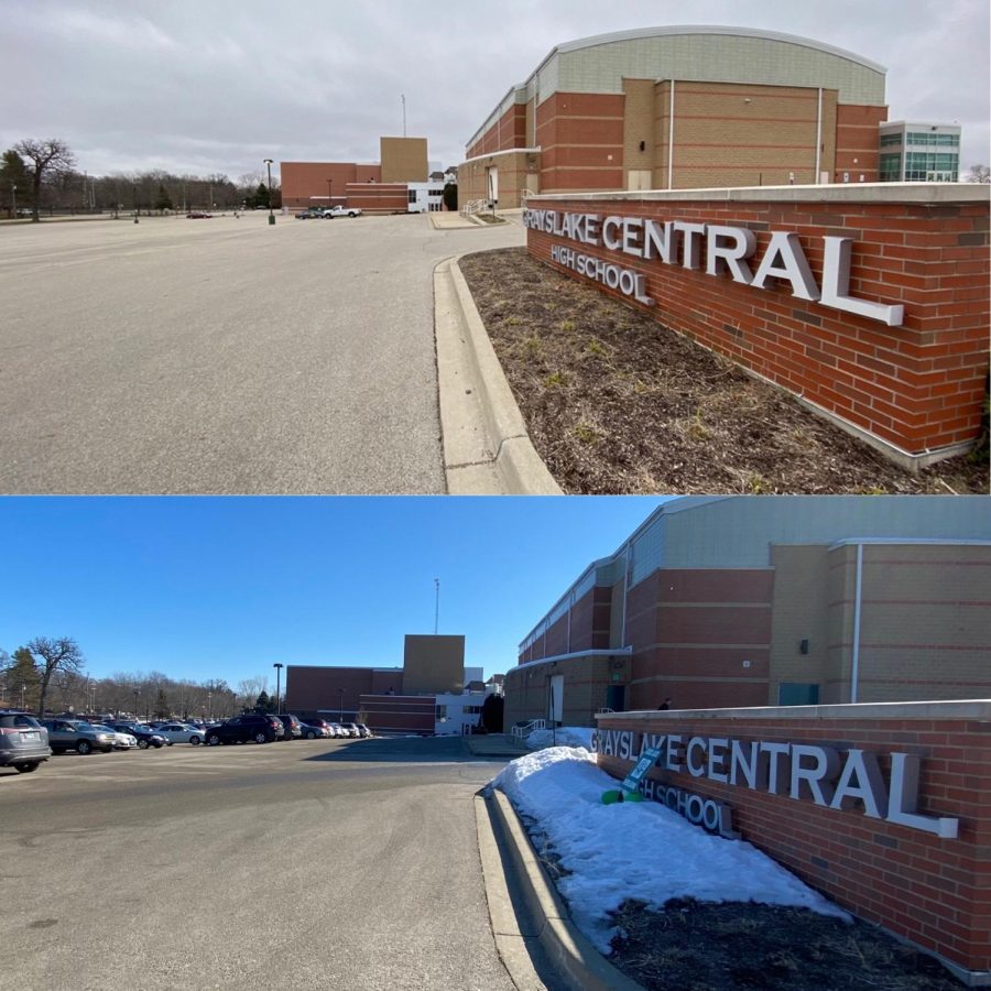 On+Mar.+31%2C+2020%2C+Grayslake+Centrals+student+parking+lot+sat+empty%2C+however+by+February+2021%2C+the+lot+would+be+full+again+as+students+returned+for+hybrid+learning.+The+2019-2020+school+year+finished+remote%2C+and+the+first+semester+of+the+2020-2021+school+year+was+fully+remote%2C+wit+hybrid+learning+starting+the+week+of+Jan.+19.