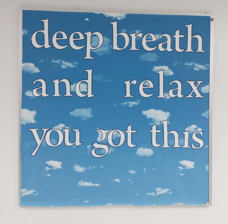 A motivational bulletin board that says “Deep breath and relax you got this” located in the counseling hallway. 