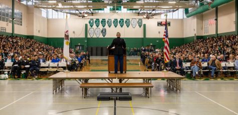 Captain Thomsen addressed the GCHS student body on Veterans Day. Leadership is not about taking charge. Its about taking care of those in your charge, said Thomsen.