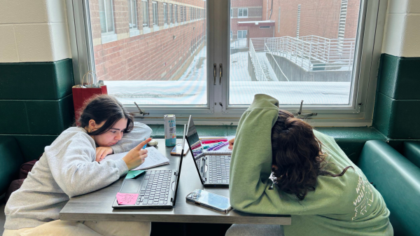 Seniors Lillian Spicer, and Karina Gonzalez struggle to focus during their study session.